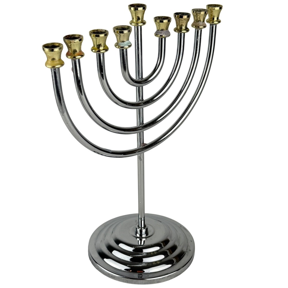 Traditional Hanukkah Menorah 9 Branch Candelabra Chrome Gold Tone Two Tone Metal
